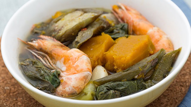 laswa or Ilonggo vegetable soup in a bowl, contains veggies, squash, and prawns