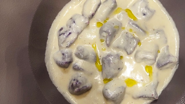 ube gnocchi in 4 cheese sauce from il primo steakhouse