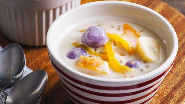 ginataang bilo-bilo in a red and white bowl 