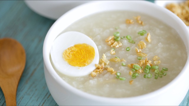 lugaw with hard boiled egg in a bowl recipe image