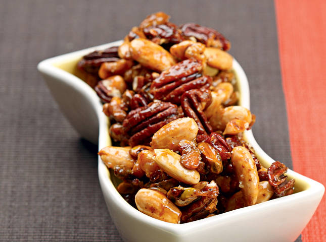 spiced mixed nuts with cashews and pecans in a bowl