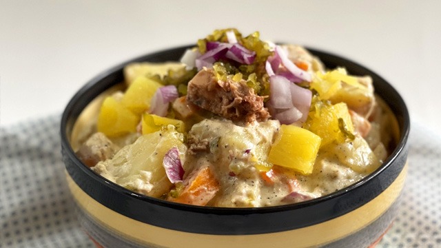tuna potato salad in a bowl