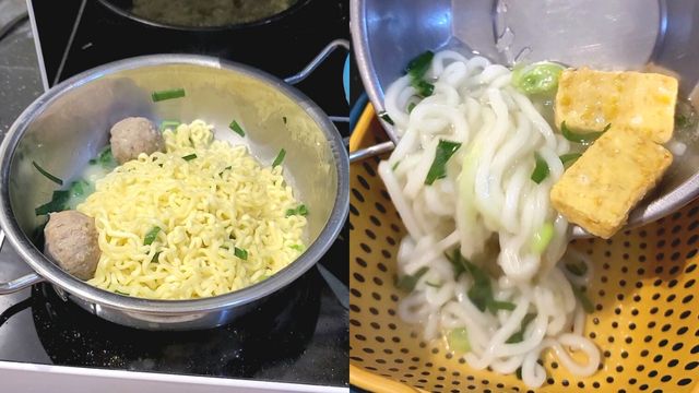 Left: Nongshim Chapagetti, Right: Nongshim Yaki Udong being drained
