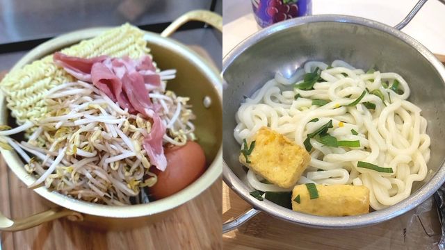 We got beansprouts, a boiled egg, and leeks for our soupy ramyun on the left; on the right, our fried ramyun was topped with cheese fish curd and leeks.
