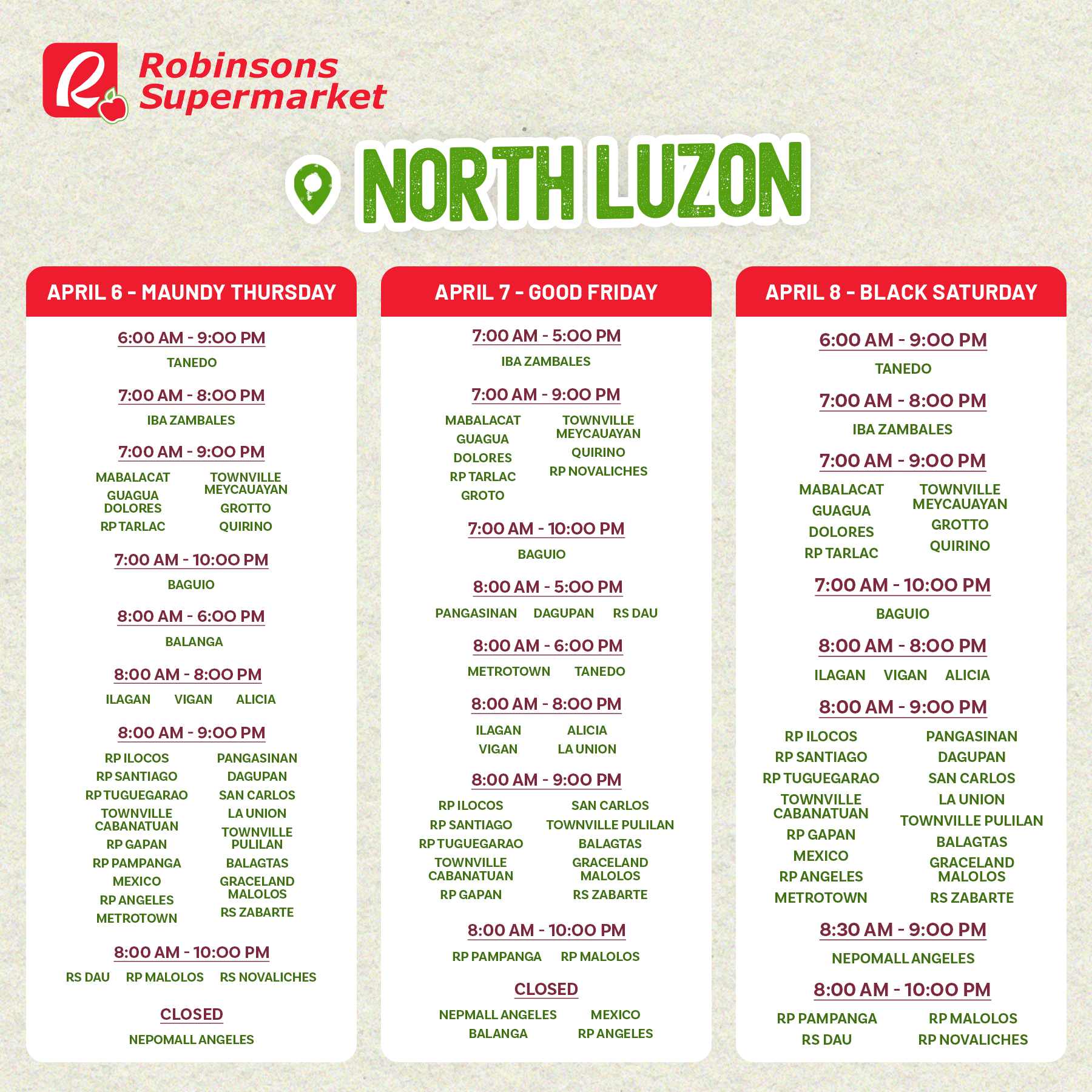 Robinsons Supermarket Mall Hours Holy Week 2023