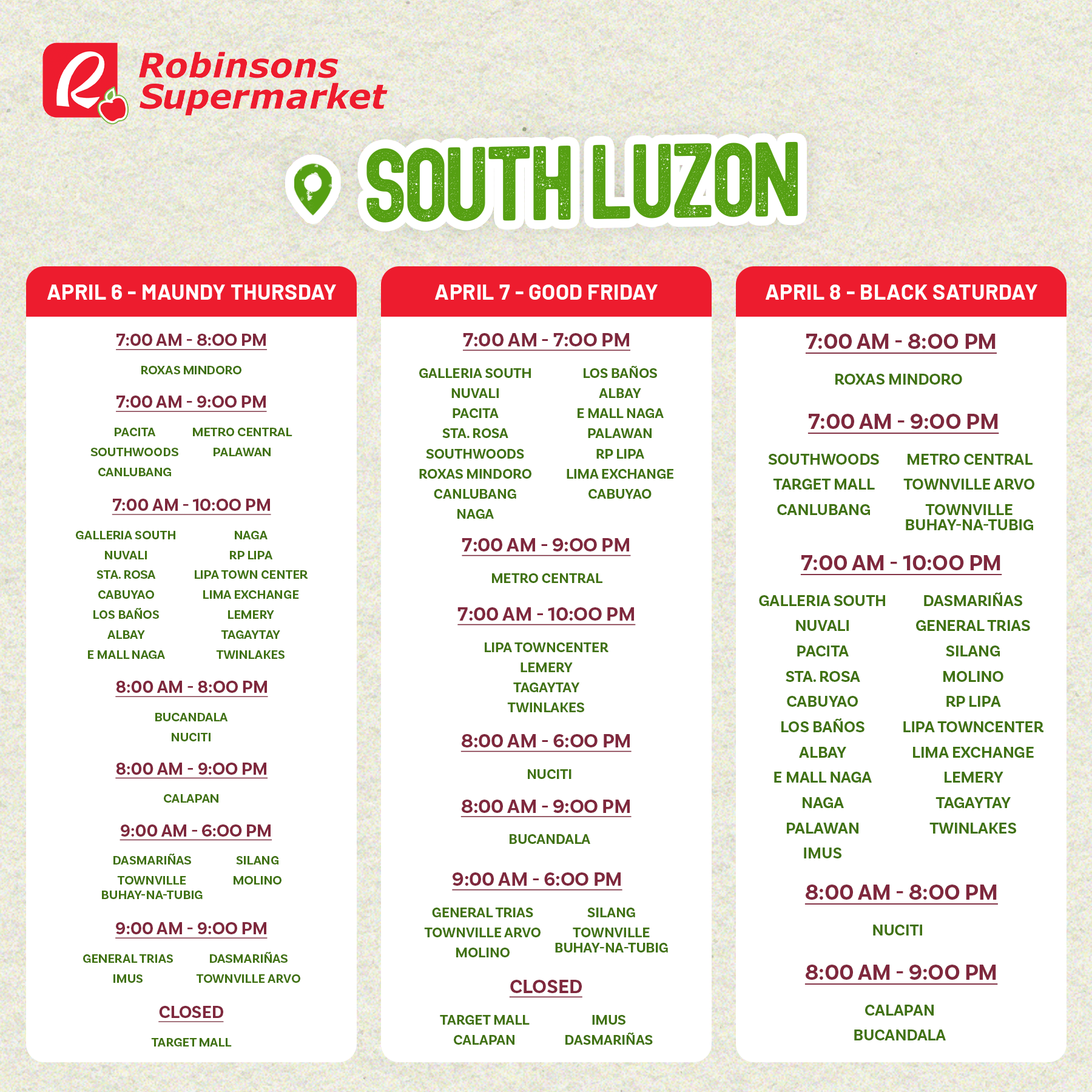 Robinsons Supermarket Mall Hours Holy Week 2023