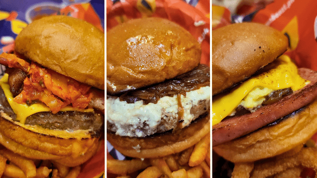 From left to right: Burger Beast's Bacon Kimchi Burger, Balsamic Bleu Cheese Burger, Umami SPAM Sandwich